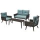 Glitzhome 4 pc Outdoor Wicker Patio Conversation Set w/ Blue Cushions and Steel Frame