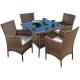 Brown 5-Piece Wicker Square Outdoor Dining Set w/ Brown Cushions