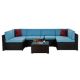 Brown Wicker 7-Piece Modular Outdoor Sectional Patio Furniture Conversation Sofa Set w/Blue Cushion
