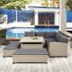 Light Brown 6-Piece PE Wicker Rattan Outdoor Conversation Set Sectional Sofa with Table, Benches and Gray Cushions