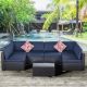 Black 7-Piece PE Rattan Wicker Patio Furniture Outdoor Sectional Sofa Set with 2 Pillows, Coffee Table and Blue Cushions HDDB029