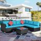 Black 7-Piece PE Rattan Wicker Patio Furniture Outdoor Sectional Sofa Set with 2 Pillows, Coffee Table and Blue Cushions HDDB031