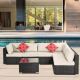 Black 7-Piece PE Rattan Wicker Patio Furniture Outdoor Sectional Sofa Set with 2 Pillows Coffee Table and White Cushions HDDB032
