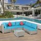 Gray 7-Piece PE Rattan Wicker Patio Furniture Outdoor Sectional Sofa Set with 2 Pillows, Coffee Table and Blue Cushions