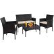 Black 4-Piece Outdoor Wicker Patio Conversation Set with Beige Cushions