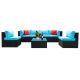 5-Piece Black Wicker Outdoor Sectional Set with Blue Cushions and 2 Red Pillow