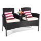 Costway Black 1 pc Rattan Wicker Patio Conversation Set Seat Sofa Loveseat Glass Table Chair w/ White Cushion