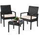 Costway Black 3-Piece Rattan Wicker Patio Conversation Set Backyard Garden Seating Furniture with White Cushions
