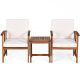 Brown 3-Piece Wood Patio Conversation Set w/ White Cushions