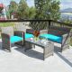 Costway 4-Piece Wicker Patio Conversation Outdoor Sofa Garden Coffee Table Set w/ Turquoise Cushions