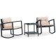 Costway 3-pc Wicker Patio Conversation Set Bistro Furniture Set 2 Rocking Chairs, Glass Side Table with Beige Cushions