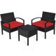 Costway 3-Piece Patio Rattan Furniture Set Table Conversation Sofa Cushioned Red