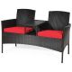 Costway One-Piece Wicker Patio Rattan Conversation Set w/ Red Cushions