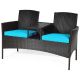 Costway Wicker Patio Rattan Conversation Set w/ Turquois Cushions