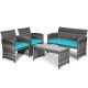 Costway 4-Piece Wicker Patio Conversation Set w/ Turquoise Cushions