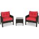 Costway 3-Piece Rattan Wicker Outdoor Patio Conversation Set Sofa Chair w/ Red Cushions
