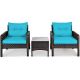 Costway Brown 3-pc Wicker Patio Conversation Seating Set with CushionGuard Turquoise Cushions