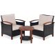 Costway 3-Piece Wicker Round Outdoor Bistro Set w/ Beige Cushions