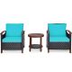 Costway 3-Pieces Patio Rattan Furniture Set Wooden Frame Table Shelf w/ Turquoise Cushion