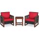 Costway 3-pcs Wood Patio Conversation Set with CushionGuard Red Cushions