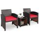 Costway 3-pc Wicker Patio Conversation Set with Red Cushions Sofa Coffee Table