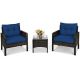 Costway 3-Pieces Wicker Patio Conversation Set Patio Garden Cushioned Sofa Chair with Navy Cushions