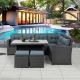 Black 6-Piece Patio Furniture Set Outdoor Rattan Wicker Conversation Set Sectional Sofa w/Table, Ottoman, Gray Cushion