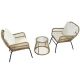 3-Piece Outdoor Wicker Steel Patio Balcony Chair Set with Beige Cushion Round Glass Table