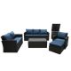 7-Piece Wicker Patio Conversation Set with Navy Blue Cushions