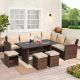 Brown 7-Piece Wicker Conversation Set with Dining Table with Beige Cushions