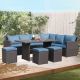 Brown 7-Piece Wicker Conversation Set with Dining Table with Blue Cushions