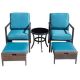 Black Frame 5-Piece Metal Bar Height Outdoor Bistro Set with Blue Cushion and Square Side Table and 2 Ottomans