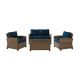 Crosley Bradenton 4-Piece Outdoor Wicker Seating Set w/ Navy Cushions - Loveseat, 2 Arm Chairs and Glass Top Table