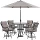 Hanover Lavallette 5-pc Steel Outdoor Dining Set with Silver Linings Cushions, 4 Swivel Chairs, Table, Umbrella, Base