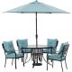 Hanover Lavallette 5-pc Steel Outdoor Dining Set with Ocean Blues Cushions, Chairs, Glass-Top Table, Umbrella and Base