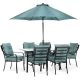 Hanover Lavallette Black Steel 7-pc Outdoor Dining Set with Umbrella, Base and Ocean Blue Cushions