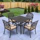 LAUREL CANYON Dack Brown 5-Piece Aluminum Square Table and Stackable Chairs Outdoor Dining Set w/ Khaki Cushions and Umbrella Hole