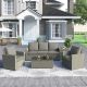 5-Piece Wicker Outdoor Sectional Set with Gray Cushions and Two Coffee Table