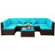 Brown 7-Piece Metal Wicker Outdoor Sectional Set w/ Blue Cushions
