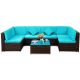 Brown 7-Piece PE Wicker Patio Outdoor Sectional Set Conversation Sofa Set w/ Blue Cushions