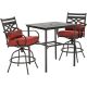Hanover Montclair 3-Piece Metal Outdoor Bar Height Dining Set with Chili Red Cushions, Swivel Rockers and Table