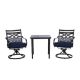 Hanover Montclair 3-Piece Steel Outdoor Bistro Set with Navy Blue Cushions, 2 Swivel Rockers and 27 in. Table