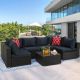 7-Piece Rattan Wicker Patio Conversation Sectional Seating Set with Navy Cushion and Pillow