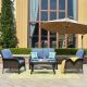 Augtus Brown 4-Piece Wicker Patio Sectional Conversation Sets w/ Blue Cushions and Coffee Table