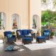 Maroon Lake Brown 7-pc Wicker Patio Conversation Seating Sofa Set with Navy Blue Cushions and Swivel Rocking Chairs