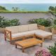 Noble House Alcove Teak Brown 5-Piece Wood Patio Conversation Sectonal Seating Set w/ Beige Cushions