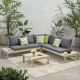 Noble House Arlington Weathered Grey 4 pc Wood Patio Conversation Sectional Seating Set w/ Dark Grey Cushions