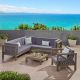 Noble House Brava Grey 5 pc Wood Patio Conversation Sectional Seating Set w/ Dark Grey Cushions