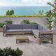Noble House Brava Grey 6-Piece Wood Patio Conversation Sectional Seating Set with Grey Cushions