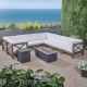 Noble House Brava Grey Finished 10 pc. Wood Patio Fire Pit Sectional Seating Set w/ White Cushions